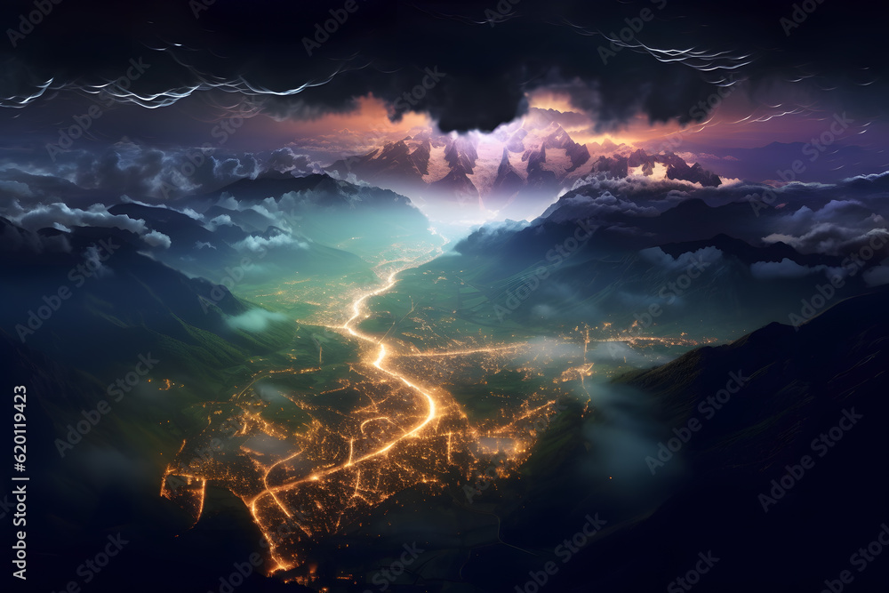 Night landscape view from sky of storm over French alps glowing bioluminescent ponds and rivers with dark cloudy sky  