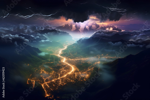 Night landscape view from sky of storm over French alps glowing bioluminescent ponds and rivers with dark cloudy sky 