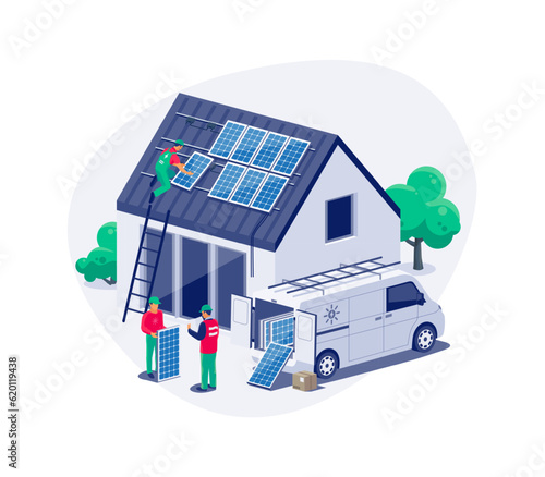 Solar panels installation on family house roof. Construction technician workers connecting the home renewable power energy system to grid. Clean electricity production. Isolated vector illustration. (ID: 620119438)