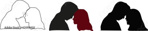 Romatic couple silhouettes set - vector isolated. Lovers - man and woman in love. Black and red silhouettes. Line art lovers.