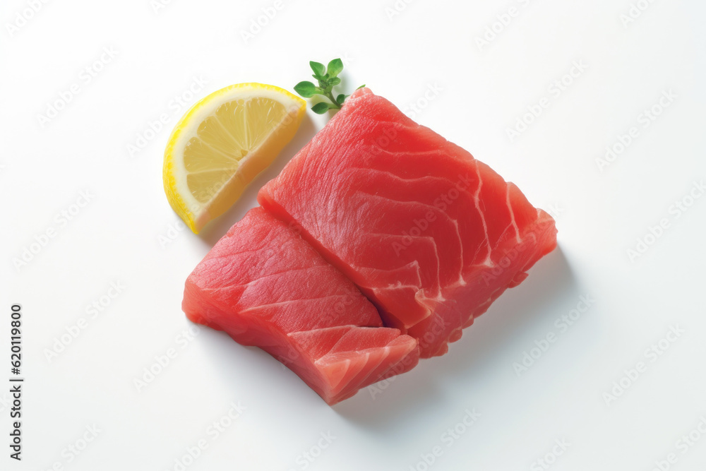 Fresh and succulent cuts of tuna meat, perfectly captured on a clean and white background, emphasizing its freshness and natural appeal. Generative AI. Fresh and succulent cuts of tuna meat, perfectly captured on a clean and white background, emphasizing its freshness and natural appeal. Generative AI.