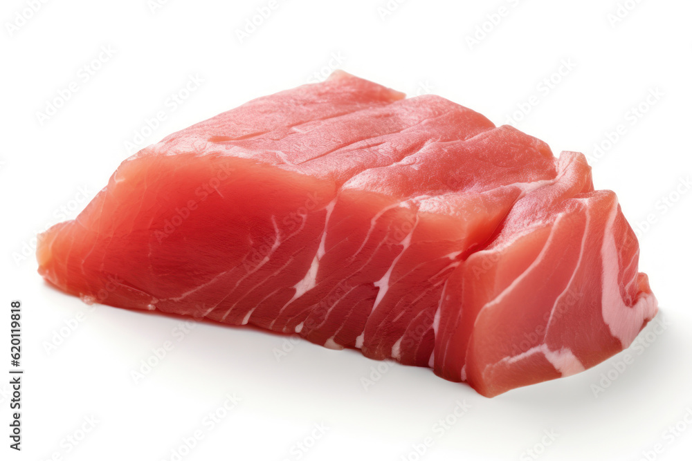 Fresh and succulent cuts of tuna meat, perfectly captured on a clean and white background, emphasizing its freshness and natural appeal. Generative AI.