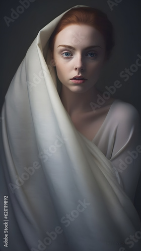portrait of a red hair blue eyes woman in white silk fabric looking to viewer with lovely expression in dark grey background