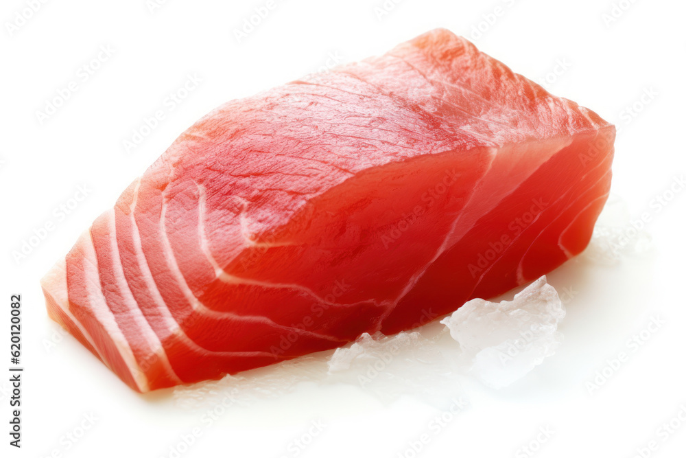 Fresh and succulent cuts of tuna meat, perfectly captured on a clean and white background, emphasizing its freshness and natural appeal. Generative AI. Fresh and succulent cuts of tuna meat, perfectly captured on a clean and white background, emphasizing its freshness and natural appeal. Generative AI.