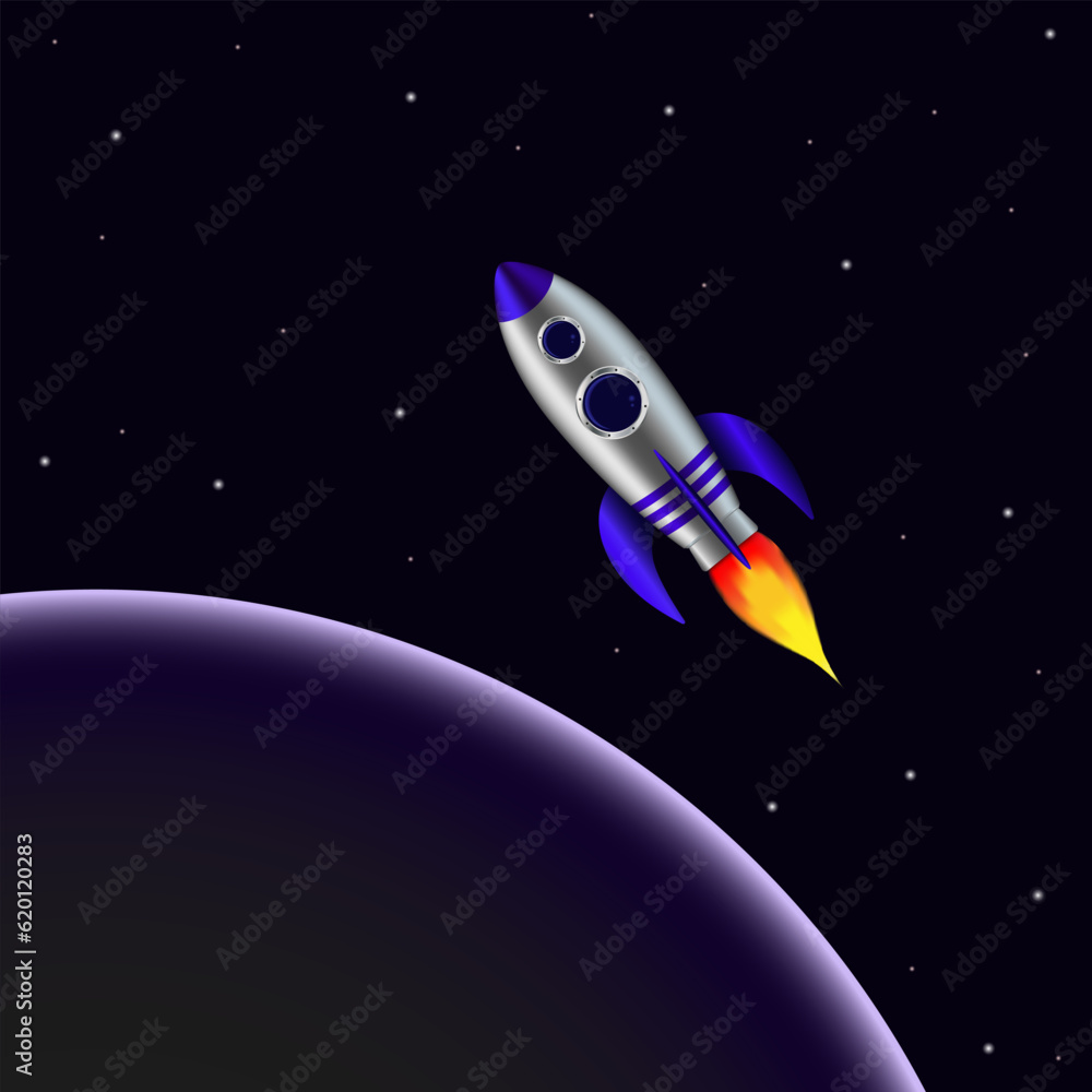 Rocket ship in the space on dark blue background with stars. Modern cartoon design. Vector illustration in flat style for cards, prints, placards, social media. Rocket ship in the space on dark blue background with stars. Modern cartoon design. Vector illustration in flat style for cards, prints, placards, social media.
