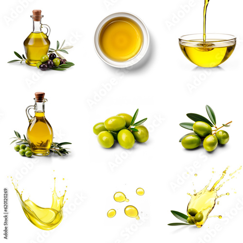 Set of olive oil in a bottles, olives, oil in a bowl, pouring oil, oil drops isolated on transparent