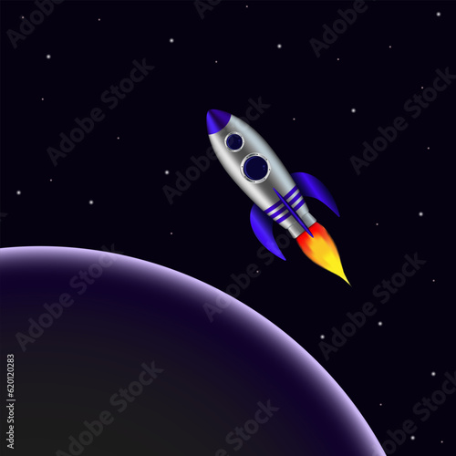 Rocket ship in the space on dark blue background with stars. Modern cartoon design. Vector illustration in flat style for cards, prints, placards, social media.
