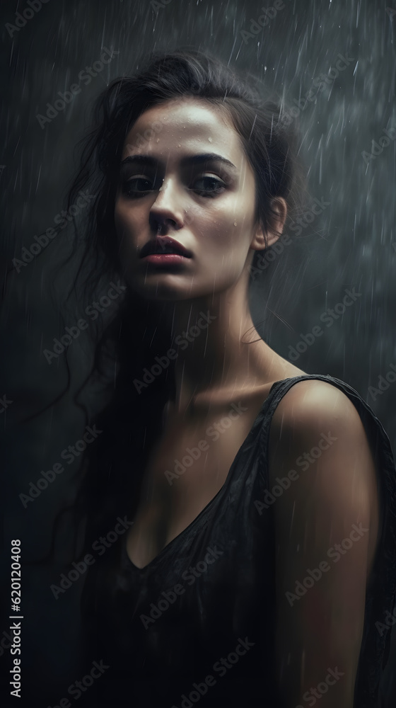 portrait of a brunette woman in high black tank top shirt standing under raining looking to viewer, concept of lost in her thoughts, crying and sad portrait of a brunette woman in high black tank top shirt standing under raining looking to viewer, concept of lost in her thoughts, crying and sad