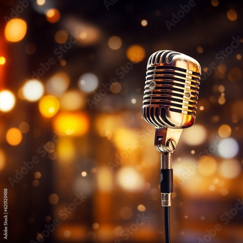 A microphone with a blurry background of lights. AI
