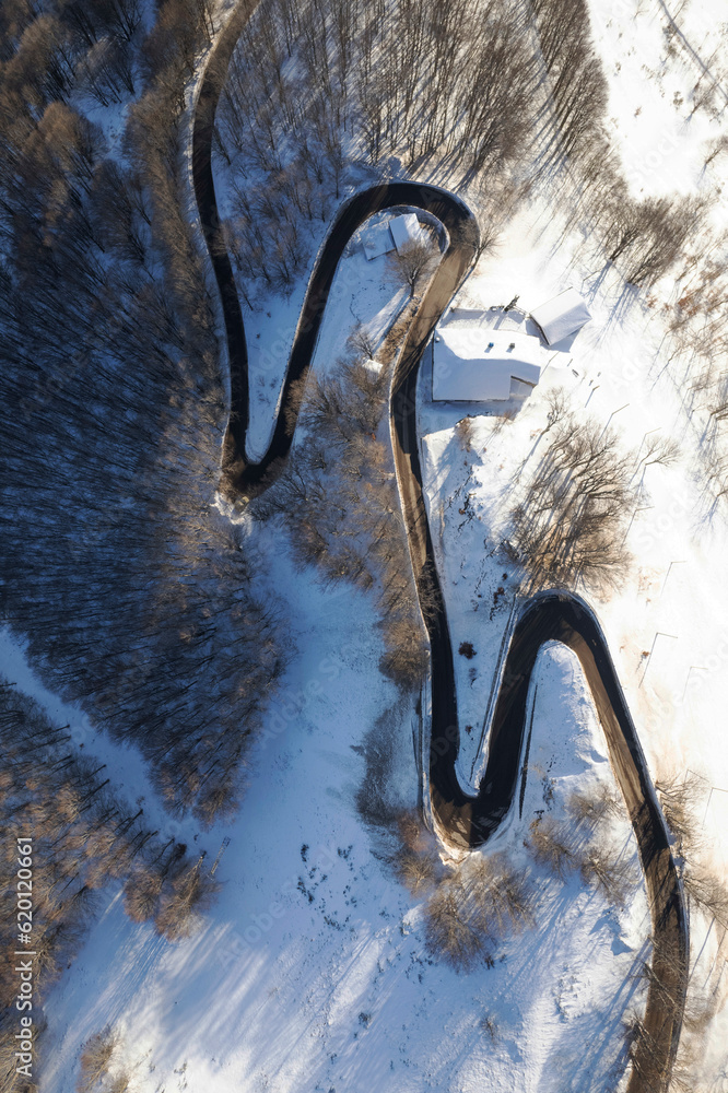 Aerial view of a snowy road