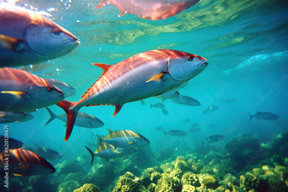 Naklejka premium Group of tuna swimming gracefully in the crystal-clear sea, surrounded by vibrant coral reefs, illuminated by the bright afternoon sun. Generative AI.