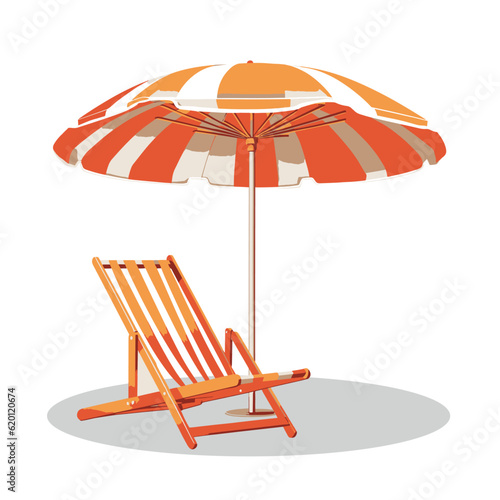 Sun umbrella, chaise longue chair isolated on white background. Vector emblem.