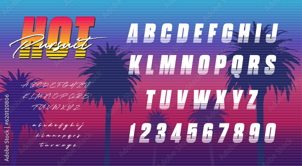 Alfabeto inspirado en los años 80. Colección de letras y números influenciados por lo retro. Letras de estilo años 90 de Los Ángeles y Miami. Tipografía Synthwave para volantes y carteles. 
