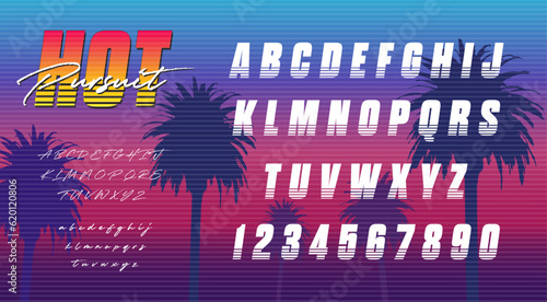 Alfabeto inspirado en los años 80. Colección de letras y números influenciados por lo retro. Letras de estilo años 90 de Los Ángeles y Miami. Tipografía Synthwave para volantes y carteles. 