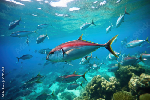 Group of tuna swimming gracefully in the crystal-clear sea, surrounded by vibrant coral reefs, illuminated by the bright afternoon sun. Generative AI. © Shinonome Studio