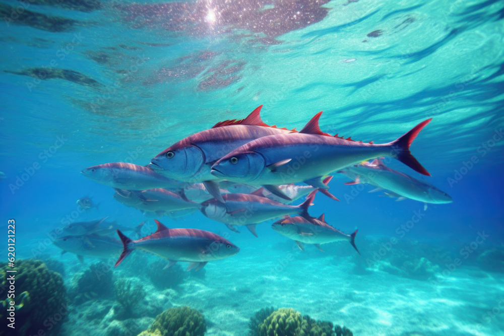 Fototapeta premium Group of tuna swimming gracefully in the crystal-clear sea, surrounded by vibrant coral reefs, illuminated by the bright afternoon sun. Generative AI.