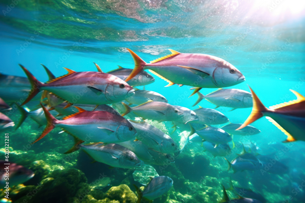 Fototapeta premium Group of tuna swimming gracefully in the crystal-clear sea, surrounded by vibrant coral reefs, illuminated by the bright afternoon sun. Generative AI.