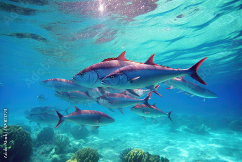 Group of tuna swimming gracefully in the crystal-clear sea, surrounded by vibrant coral reefs, illuminated by the bright afternoon sun. Generative AI.