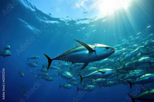 Group of tuna swimming gracefully in the crystal-clear sea  surrounded by vibrant coral reefs  illuminated by the bright afternoon sun. Generative AI.