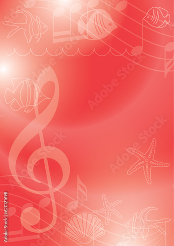 red background with sea fishes and starfishes - vector template for music event