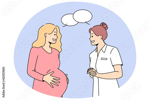 Gynecologist consult pregnant woman at hospital. Caring doctor or nurse talking with future mother. Pregnancy and maternity healthcare. Vector illustration.
