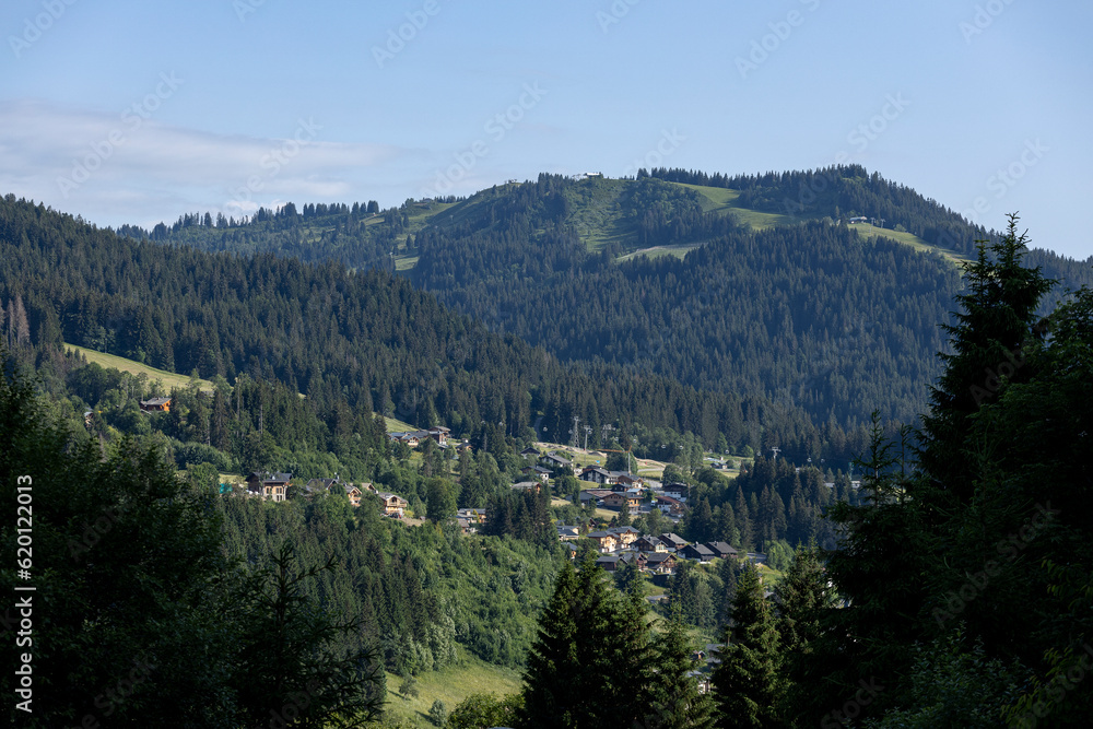 Valley in the French Alps of Les Gets winter sport mountains during the summer