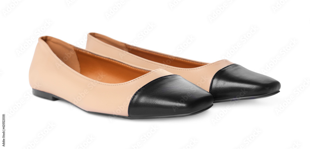 Fototapeta premium Pair of new stylish square toe ballet flats on white background