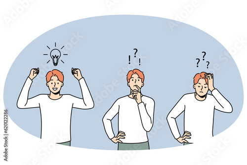 Man feeling confused thinking looking for problem solution. Process of brainstorming and idea generation. Innovation and problem solving. Vector illustration.