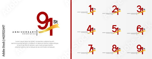 set of anniversary logo flat red color number and golden ribbon on white background for celebration photo