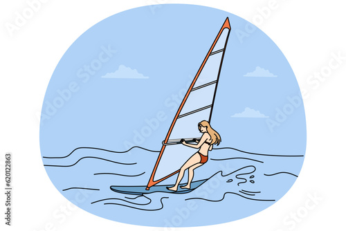 Woman in biking windsurfing in sea. Female have fun enjoy active extreme summer vacation. Vector illustration.