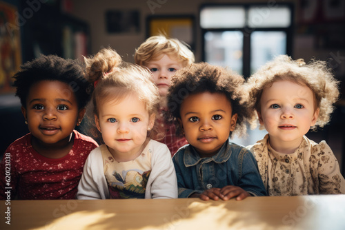Portrait of mixed race toddlers sitting in the classroom of the nursery looking at the camera
