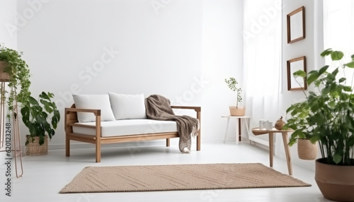 Armchair on rug next to bench with plants in white loft interior with wooden sofa. Real photo, Generative ai © Vishwajeet