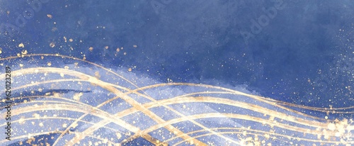 Leinwand Poster ラグジュアリーな和風のイラスト背景 ブルー ウェーブ ゴールド