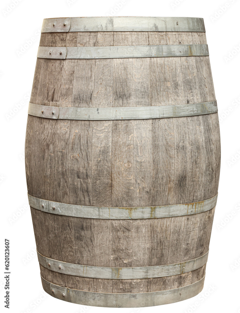 Fototapeta premium One wooden barrel with metal hoops isolated on white