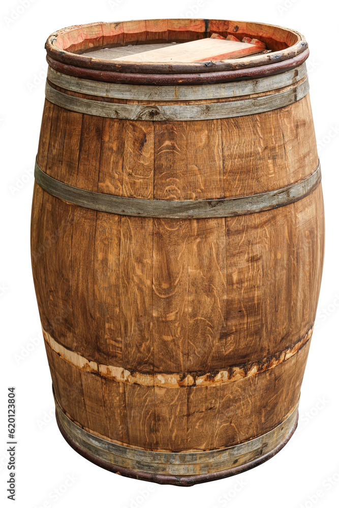 Obraz premium One wooden barrel with metal hoops isolated on white