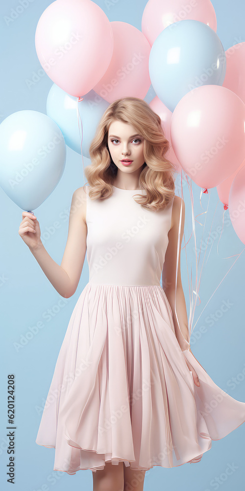 Cute cheerful young woman in summer dress with balloons isolated on a pastel blue background. Format stories, girl with curly hair styled. Celebration cover, promotions, gifts. Generative AI.