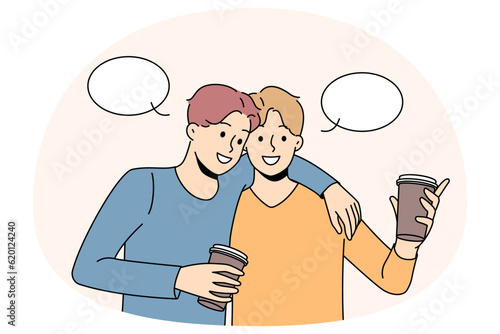 Happy male friends hugging drinking coffee. Smiling guy embrace have fun enjoy takeaway beverage. Friendship and unity. Vector illustration.