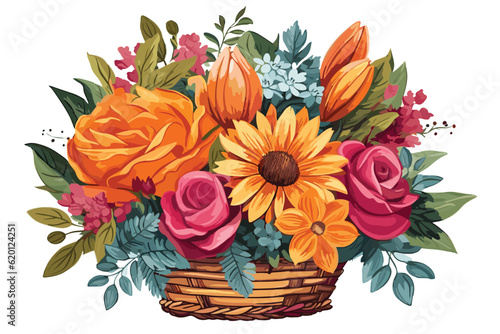 Bright flower bouquet in basket isolated over vector art.