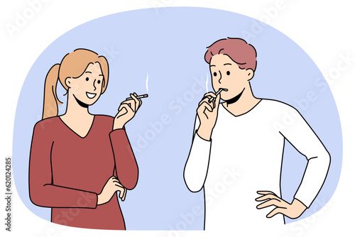 Smokers couple talking suffer from nicotine addiction. People with cigarettes smoking outside. Bad habit and healthcare. Vector illustration.