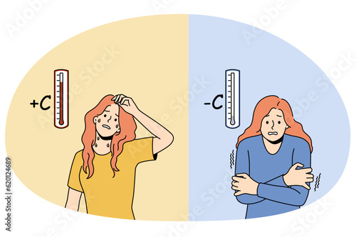 Young woman suffer from cold and hot weather. Unhappy unwell girl struggle with climate change. Winter and summer season problem. Vector illustration.