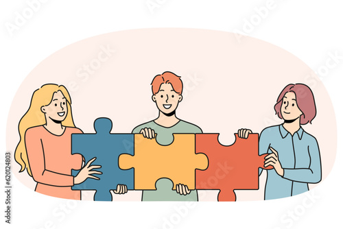 Happy people connect jigsaw puzzle together show shared business goal and motivation. Employees demonstrate cooperation and teamwork. Vector illustration.