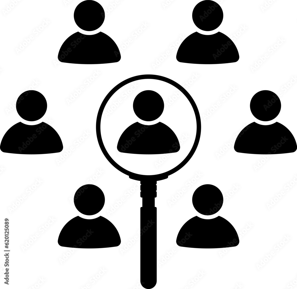 Magnifier magnifying and focus for recruiting. Human resource management recruitment, teamwork concept, job hiring. Vector illustration. Magnifier magnifying and focus for recruiting. Human resource management recruitment, teamwork concept, job hiring. Vector illustration.
