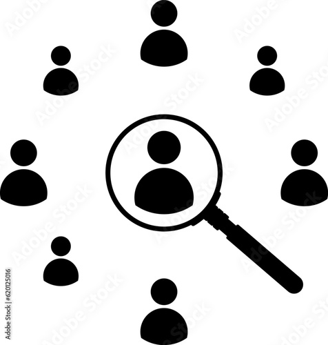 Magnifier magnifying and focus for recruiting. Human resource management recruitment, teamwork concept, job hiring. Vector illustration.