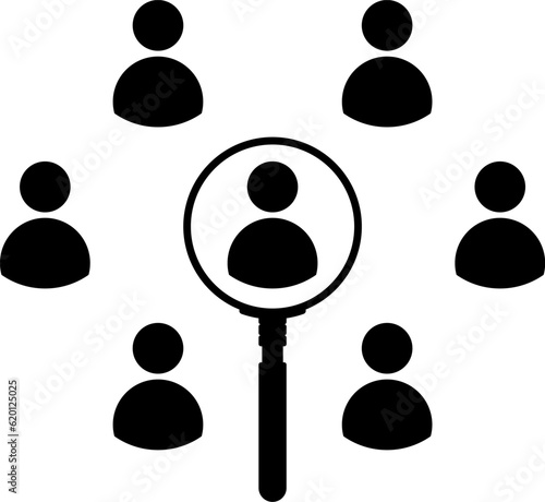 Magnifier magnifying and focus for recruiting. Human resource management recruitment, teamwork concept, job hiring. Vector illustration.