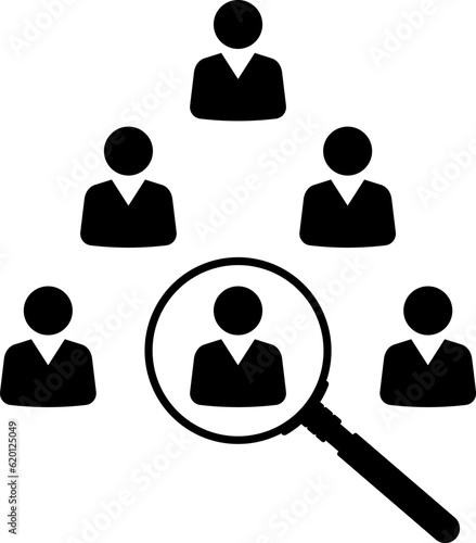Magnifier magnifying and focus for recruiting. Human resource management recruitment, teamwork concept, job hiring. Vector illustration.