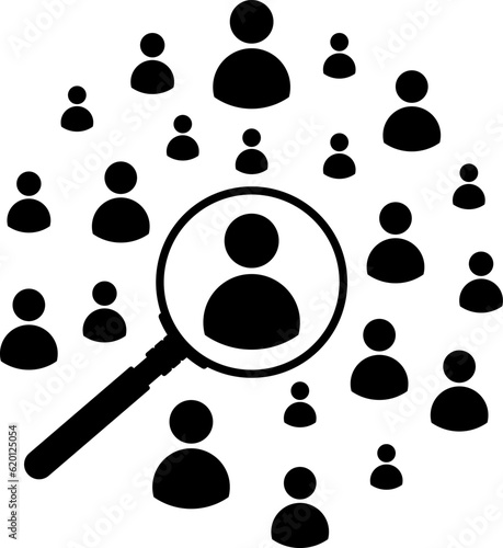 Magnifier magnifying and focus for recruiting. Human resource management recruitment, teamwork concept, job hiring. Vector illustration.