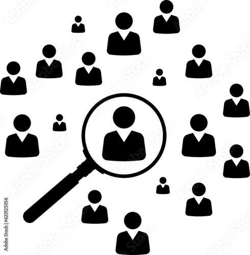 Magnifier magnifying and focus for recruiting. Human resource management recruitment, teamwork concept, job hiring. Vector illustration.
