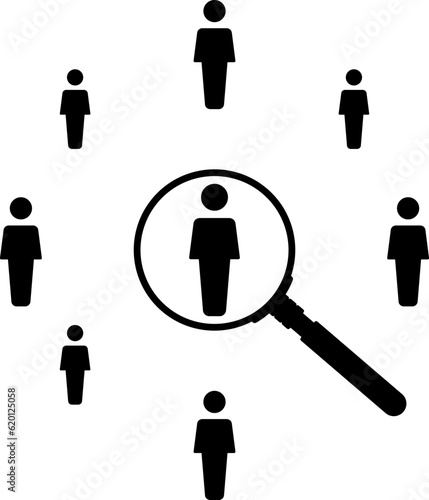 Magnifier magnifying and focus for recruiting. Human resource management recruitment, teamwork concept, job hiring. Vector illustration.