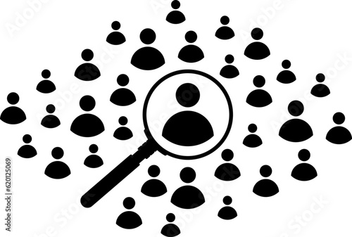Magnifier magnifying and focus for recruiting. Human resource management recruitment, teamwork concept, job hiring. Vector illustration.