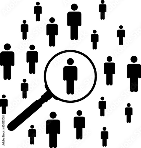 Magnifier magnifying and focus for recruiting. Human resource management recruitment, teamwork concept, job hiring. Vector illustration.